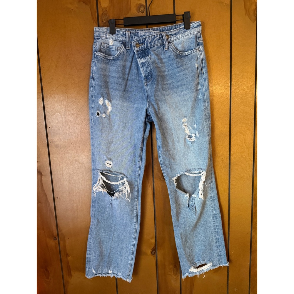 Flying Monkey Criss Cross Asymmetrical Distressed Straight Leg Jeans Size 27